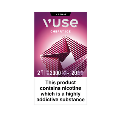 Vuse cherry ice vape device packaging with nicotine warning text on a white background