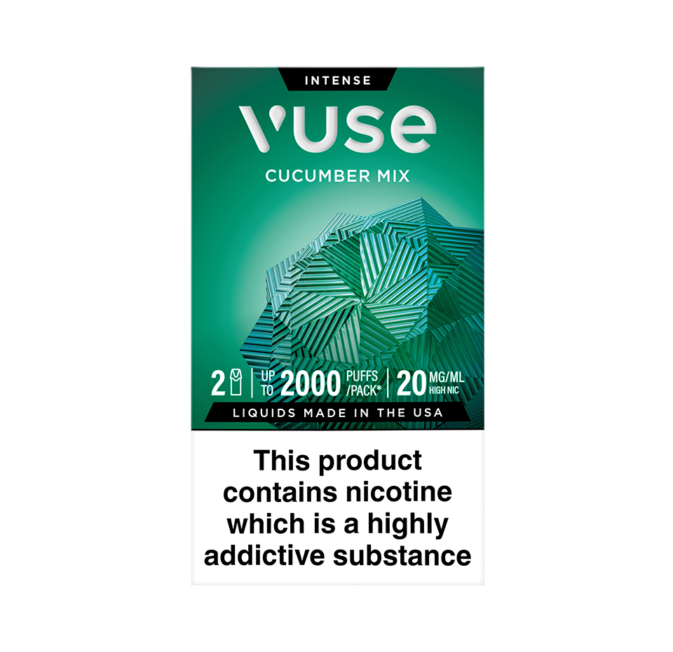 Vuse Extra Intense Flavour vape pods. Cucumber Mix flavour, 2 pods, up to 2000 puffs per pack, 20mg/ml. Disclaimer states 'Liquids made in the USA. This product contains nicotine which is a highly addictive substance.