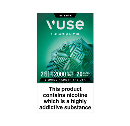 Vuse Extra Intense Flavour vape pods. Cucumber Mix flavour, 2 pods, up to 2000 puffs per pack, 20mg/ml. Disclaimer states 'Liquids made in the USA. This product contains nicotine which is a highly addictive substance.