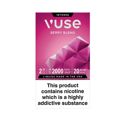 Vuse Extra Intense Flavour pods. Berry Blend flavour, 2 pods, up to 2000 puffs per pack, 20mg/ml. Disclaimer states 'Liquids made in the USA. This product contains nicotine which is a highly addictive substance.