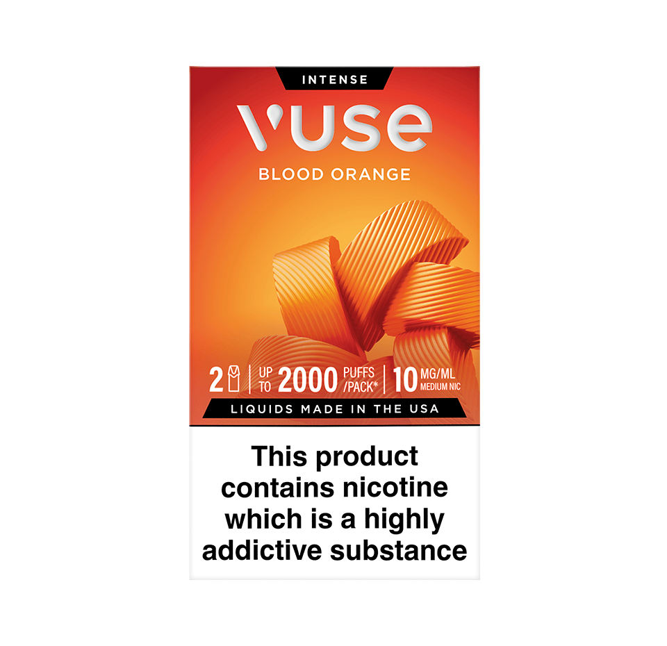 Vuse Intense Blood Orange vape pod packaging. The box is orange with a geometric design, stating '2 pods', 'up to 2000 puffs per pack', and '10 mg/mL medium nicotine'. A warning at the bottom reads: 'This product contains nicotine which is a highly addictive substance'