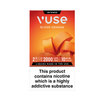 Vuse Intense Blood Orange vape pod packaging. The box is orange with a geometric design, stating '2 pods', 'up to 2000 puffs per pack', and '10 mg/mL medium nicotine'. A warning at the bottom reads: 'This product contains nicotine which is a highly addictive substance'