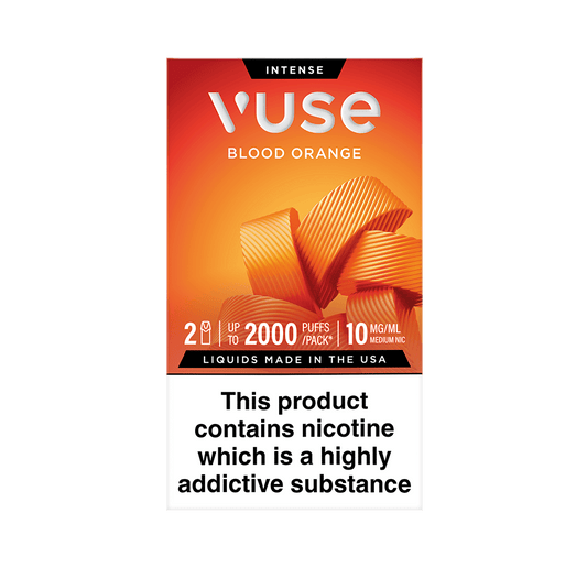 Vuse Intense Blood Orange vape pod packaging. The box is orange with a geometric design, stating '2 pods', 'up to 2000 puffs per pack', and '10 mg/mL medium nicotine'. A warning at the bottom reads: 'This product contains nicotine which is a highly addictive substance'