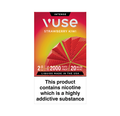 Vuse Intense Strawberry Kiwi vape pod packaging. The box is red with a geometric strawberry design, stating '2 pods', 'up to 2000 puffs per pack', and '20 mg/mL medium nicotine'. A warning at the bottom reads: 'This product contains nicotine which is a highly addictive substance'