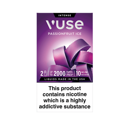 Vuse Extra Intense Flavour pods. Passionfruit Ice flavour, 2 pods, up to 2000 puffs per pack, 20mg/ml. Disclaimer states 'Liquids made in the USA. This product contains nicotine which is a highly addictive substance.