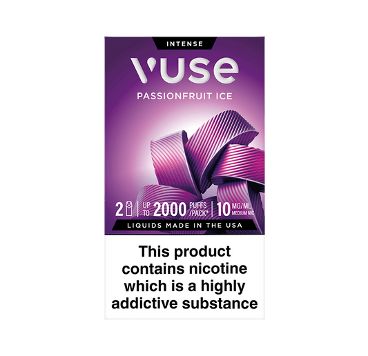 Vuse Extra Intense Flavour pods. Passionfruit Ice flavour, 2 pods, up to 2000 puffs per pack, 20mg/ml. Disclaimer states 'Liquids made in the USA. This product contains nicotine which is a highly addictive substance.