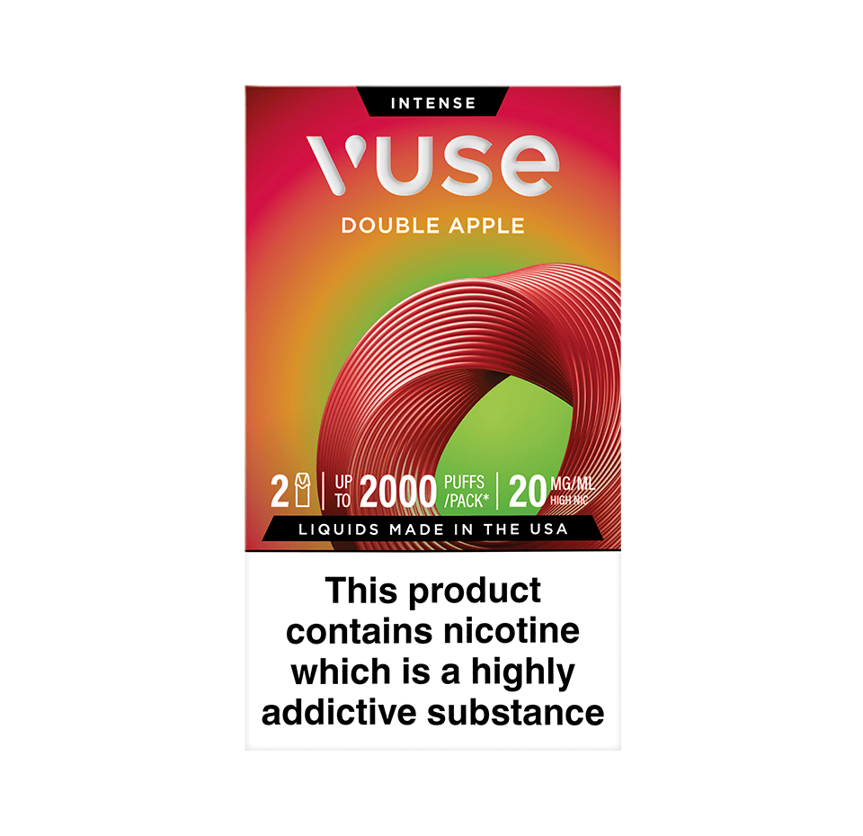 Vuse Extra Intense Flavour vape pods. Double Apple flavour, 2 pods, up to 2000 puffs per pack, 20mg/ml. Disclaimer states 'Liquids made in the USA. This product contains nicotine which is a highly addictive substance.