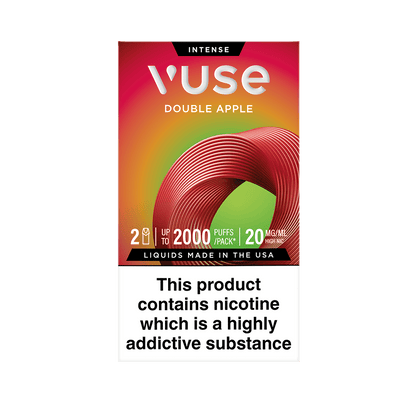 Vuse Extra Intense Flavour vape pods. Double Apple flavour, 2 pods, up to 2000 puffs per pack, 20mg/ml. Disclaimer states 'Liquids made in the USA. This product contains nicotine which is a highly addictive substance.