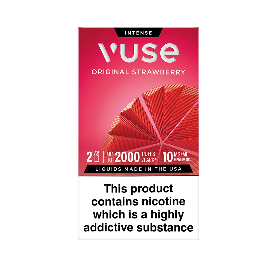 Vuse Intense Original Strawberry vape pod packaging. The box is red with a geometric strawberry design, stating '2 pods', 'up to 2000 puffs per pack', and '10 mg/mL medium nicotine'. A warning at the bottom reads: 'This product contains nicotine which is a highly addictive substance'