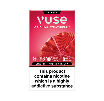 Vuse Intense Original Strawberry vape pod packaging. The box is red with a geometric strawberry design, stating '2 pods', 'up to 2000 puffs per pack', and '10 mg/mL medium nicotine'. A warning at the bottom reads: 'This product contains nicotine which is a highly addictive substance'