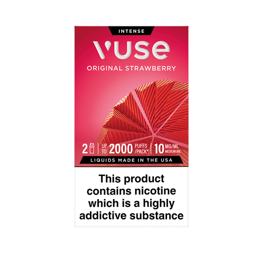 Vuse Intense Original Strawberry vape pod packaging. The box is red with a geometric strawberry design, stating '2 pods', 'up to 2000 puffs per pack', and '10 mg/mL medium nicotine'. A warning at the bottom reads: 'This product contains nicotine which is a highly addictive substance'