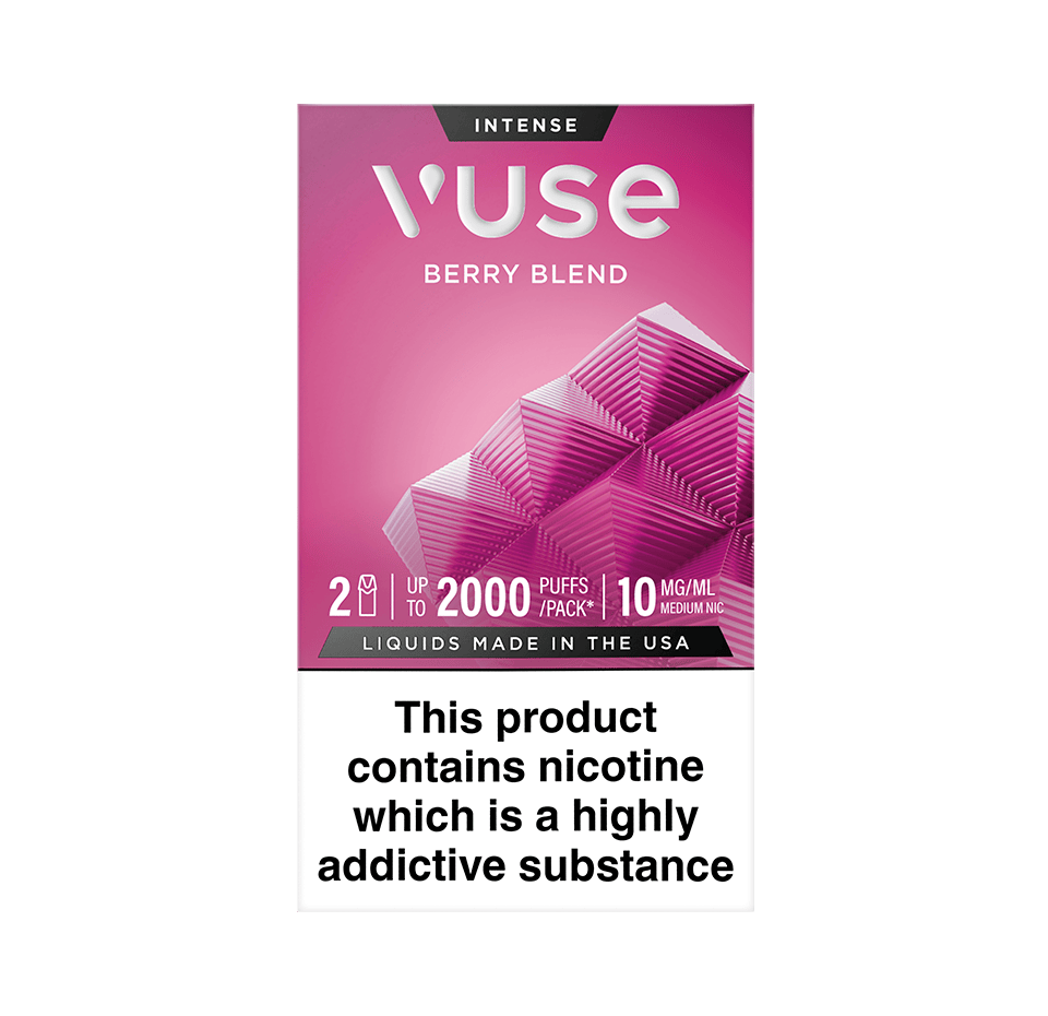 Vuse Extra Intense Flavour pods. Berry Blend flavour, 2 pods, up to 2000 puffs per pack, 10mg/ml. Disclaimer states 'Liquids made in the USA. This product contains nicotine which is a highly addictive substance.
