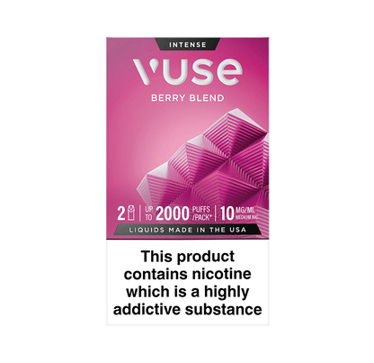 Vuse Extra Intense Flavour pods. Berry Blend flavour, 2 pods, up to 2000 puffs per pack, 10mg/ml. Disclaimer states 'Liquids made in the USA. This product contains nicotine which is a highly addictive substance.