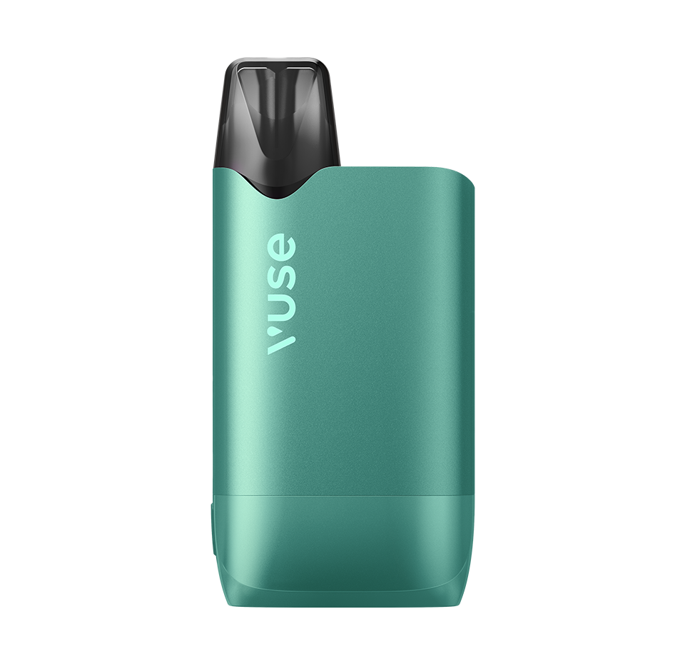 Green vape device with 'vuse' branding on a white background