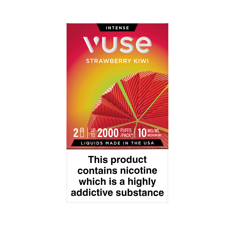 Vuse Intense Strawberry Kiwi vape pod packaging. The box is red with a geometric strawberry design, stating '2 pods', 'up to 2000 puffs per pack', and '10 mg/mL medium nicotine'. A warning at the bottom reads: 'This product contains nicotine which is a highly addictive substance'