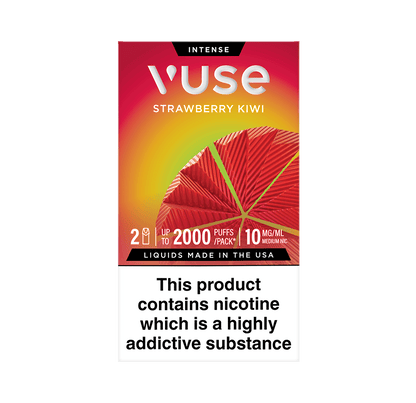 Vuse Intense Strawberry Kiwi vape pod packaging. The box is red with a geometric strawberry design, stating '2 pods', 'up to 2000 puffs per pack', and '10 mg/mL medium nicotine'. A warning at the bottom reads: 'This product contains nicotine which is a highly addictive substance'