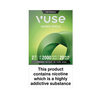 Vuse Extra Intense Flavour pods. Green Apple flavour, 2 pods, up to 2000 puffs per pack, 20mg/ml. Disclaimer states 'Liquids made in the USA. This product contains nicotine which is a highly addictive substance.