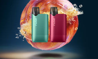 Two Vuse devices, one teal and one red, on a colorful background with water droplets.
