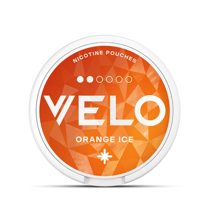Velo nicotine pouches container with 'Orange Ice' flavor on a white background.