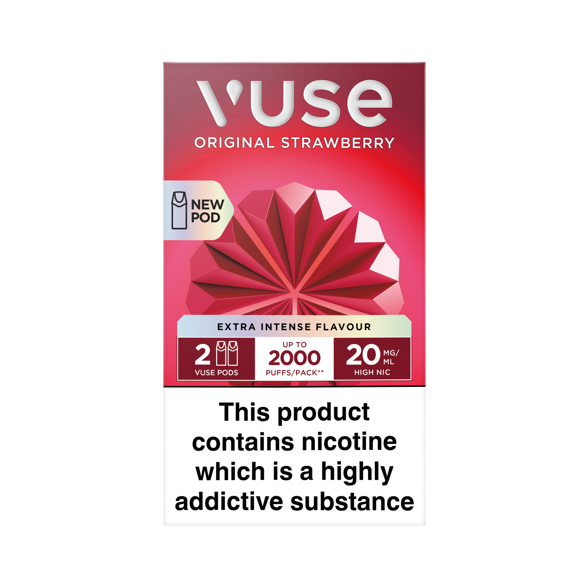 Vuse Original Strawberry vape pod packaging on a white background, 2 Vuse pods, up to 2000 puffs per pack, 20mg nicotine strength. This product contains nicotine which is a highly addictive substance