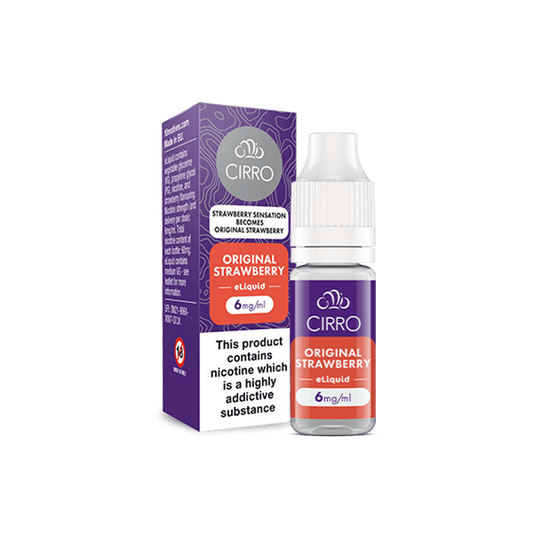 Cirro Original Strawberry 6mg/ml eLiquid bottle and packaging with a statement 'Strawberry Sensation becomes Original Strawberry'. This product contains nicotine which is a highly addictive substance.