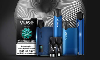 Vuse vaping device and packaging on a dark background