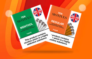 Two packs of 10 Motives refills labeled 'Menthol' and 'Regular' on an orange background with British flag.