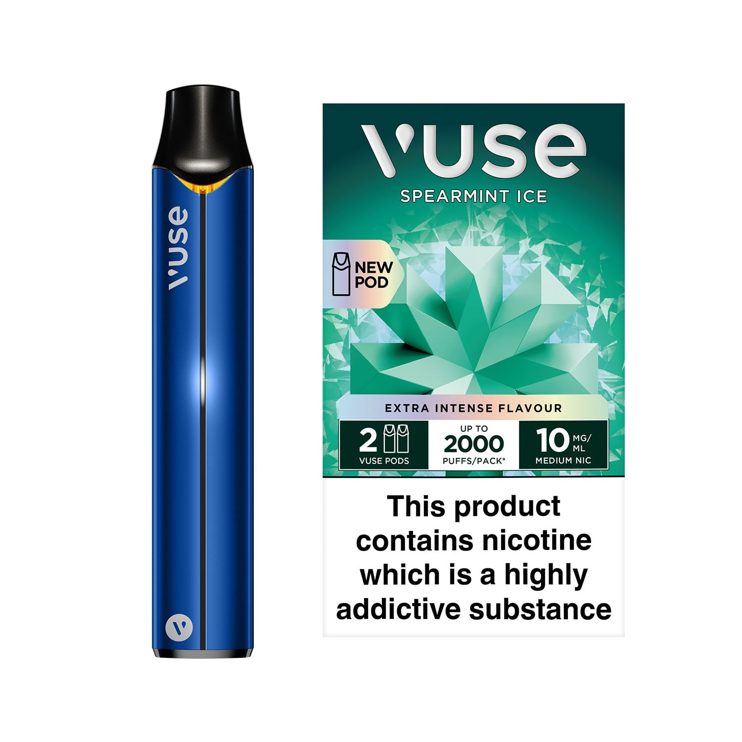 Object: An electronic cigarette refill pack
Action: Displayed against a white background.
Context: The product, named "Spearmint Ice", is a 10mg nicotine refill pack in blue packaging. The text "10 motives" and "refreshing sensation" are visible.