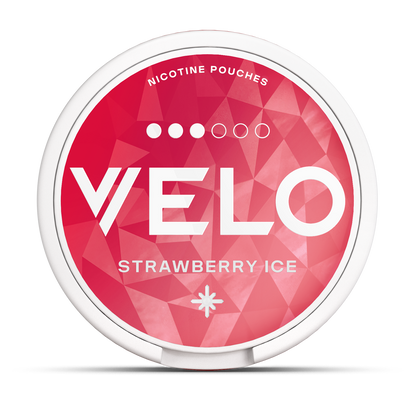 Velo nicotine pouches container with 'Strawberry Ice' flavor on a white background.