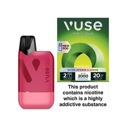 Two rectangular vape cartridges labeled "Strawberry Ice" and "Apple Sour 20mg" sit against a grey and white background, demonstrating product variety.