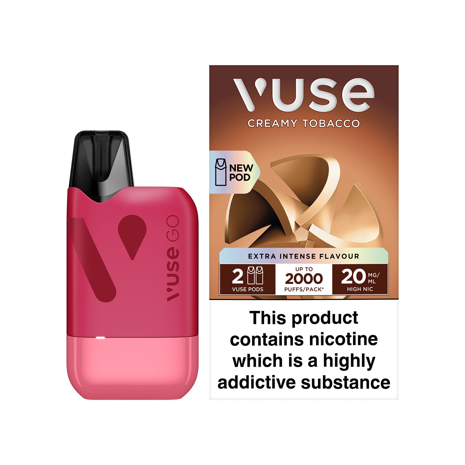A pink Vuse GO vape pen stands beside a brown package labeled "Vuse Creamy Tobacco," featuring "Extra Intense Flavour" and "20 MG/ML High Nic." Warning: "This product contains nicotine which is a highly addictive substance."
