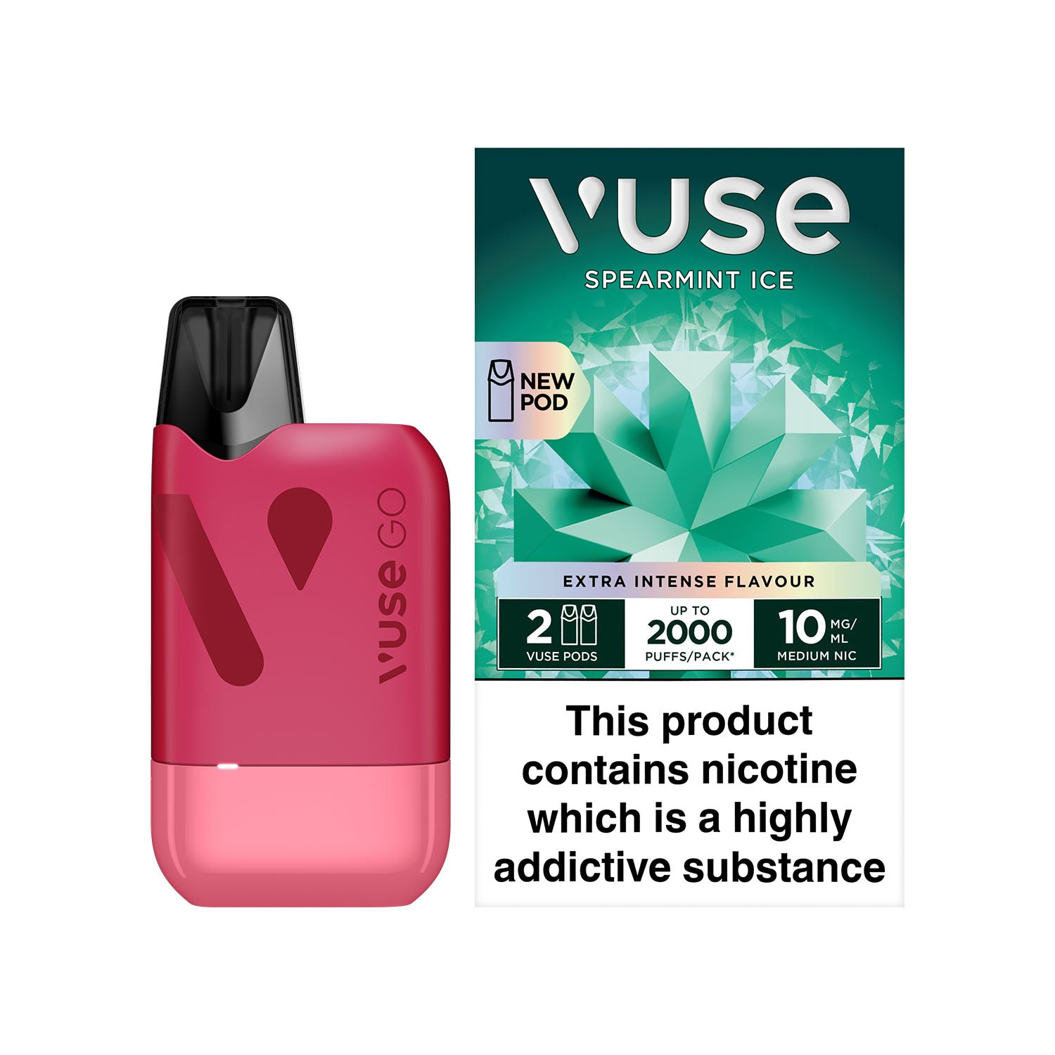 A red Vuse GO vape device displayed beside packaging for "Vuse Spearmint Ice." The packaging highlights 2 pods, 2000 puffs, 10mg nic. Text warns, "This product contains nicotine which is a highly addictive substance."