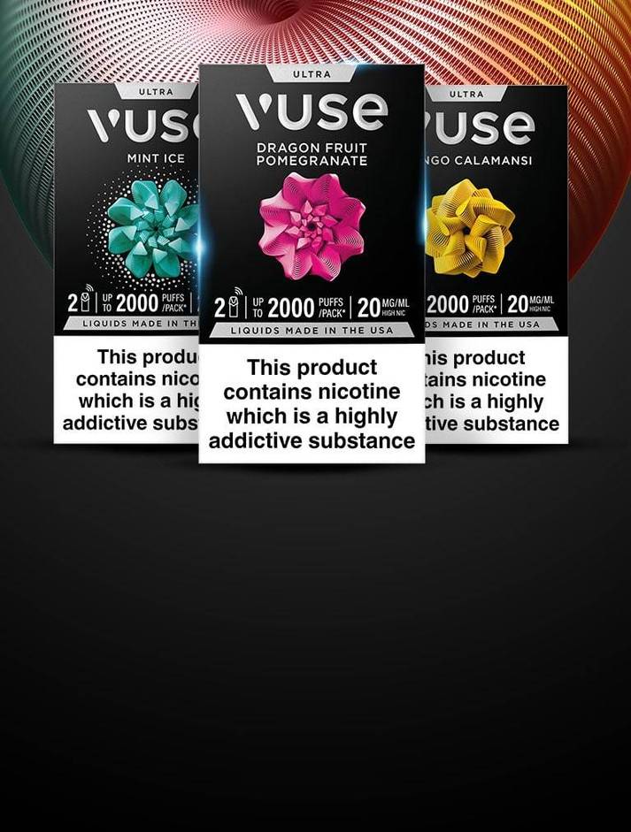 Three Vuse Ultra Smart pods packaging with flavor names: Dragon Fruit Pomegranate, Mango Calamansi and Mint Ice, with nicotine warning labels stating 'This product contains nicotine which is highly addictive substance'. All on a black background.