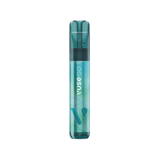 A teal vape pen labeled "Vuse Go" stands upright, featuring geometric patterns and set against a plain white background.