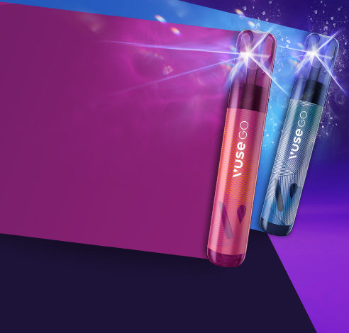 Two colorful vape pens labeled "Vuse GO" emit glowing light, set against a vibrant purple and blue backdrop with abstract patterns and a dynamic, illuminated atmosphere.