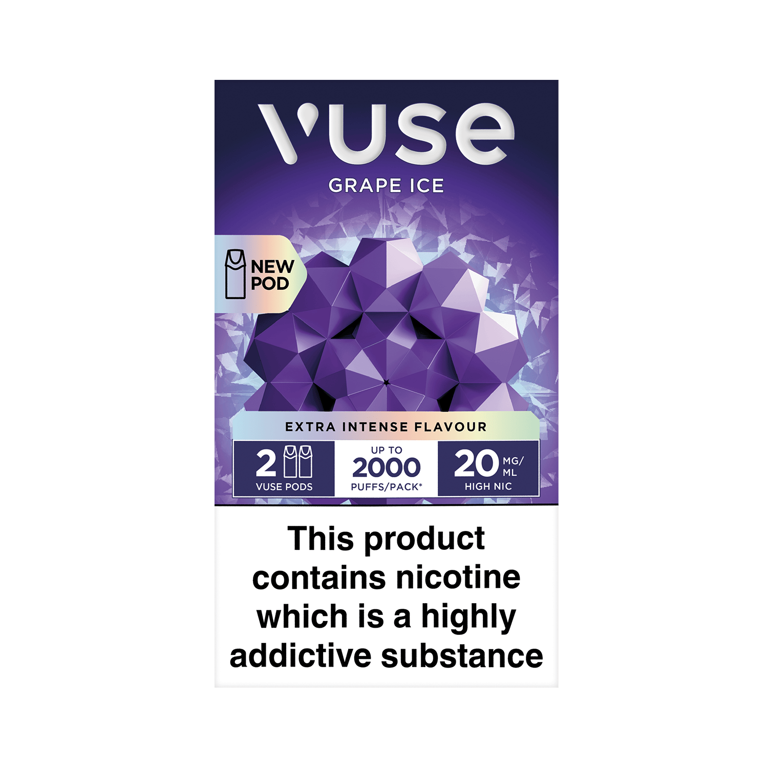 Vuse Grape Ice vape box, featuring purple geometric design; text highlights “New Pod,” “2 Vuse Pods,” “Up to 2000 Puffs/Pack,” “20 mg/ml High Nic.” Warning: “This product contains nicotine which is a highly addictive substance.”