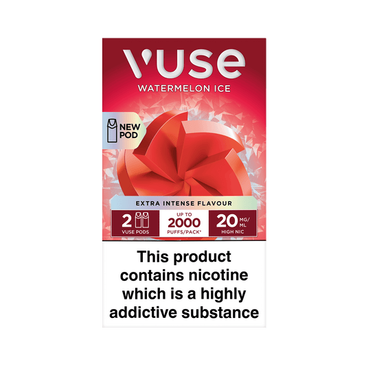 Vuse Watermelon Ice vape pod packaging displays bright red geometric design, offers two pods with extra intense flavor. Text states: "2 Vuse Pods, Up to 2000 Puffs/Pack, 20 MG/ML High Nic." Warning: "This product contains nicotine which is a highly addictive substance."
