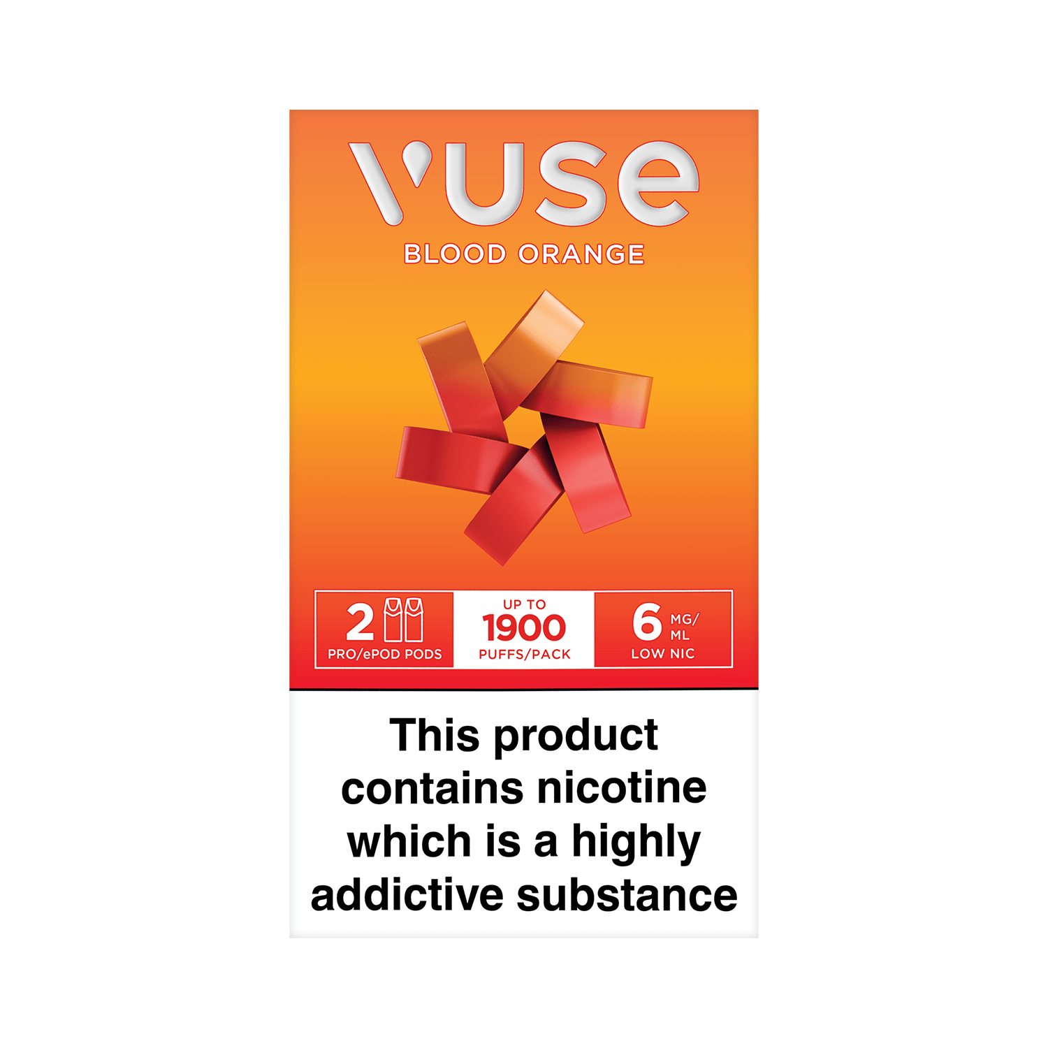 The image showcases the Vuse product, vPro Blood Orange Pods with a nicotine strength of 12mg/mL, set against a white background. The pack contains two pods. The text reads: "Vuse vPro Blood Orange 12mg/mL 2 Caps".