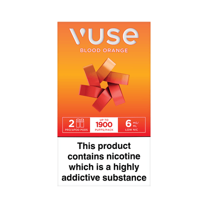 The image showcases the Vuse product, vPro Blood Orange Pods with a nicotine strength of 12mg/mL, set against a white background. The pack contains two pods. The text reads: "Vuse vPro Blood Orange 12mg/mL 2 Caps".