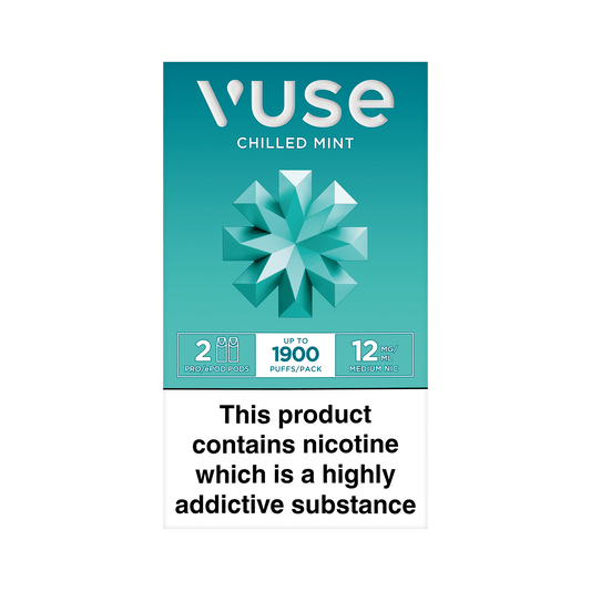 Vuse ePod packaging displays a geometric mint shape, labeled "CHILLED MINT," with specs: 2 pods, 1900 puffs/pack, 12 mg/ml nicotine. Warning states nicotine is highly addictive.