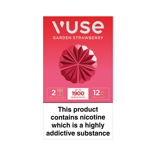 The image displays a product, Vuse ePods vPro Garden Strawberry 12mg/ml, a vaping device cartridge pack in a red and white packet, lying on a white background.