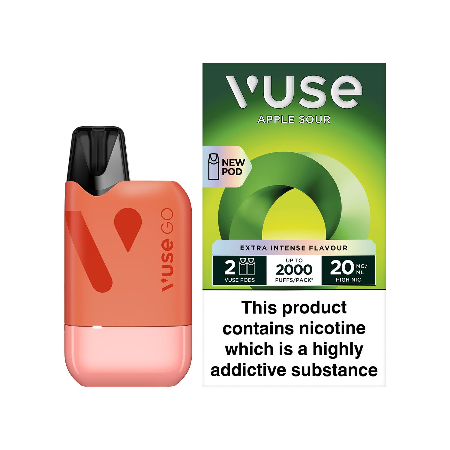 The image depicts a cylindrical lime green and red vape cartridge called "Sour Watermelon & Apple" with notes of "20mg Nic Salt E-Liquid" from the brand "10 Motives".