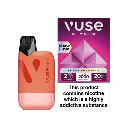 A Vuse Go vape device sits beside a box labeled "Vuse Berry Blend" containing new pods. Text reads: "Extra Intense Flavour," "2 Vuse Pods," "Up to 2000 Puffs/Pack," "20 mg/ml High Nic," and "This product contains nicotine which is a highly addictive substance."
