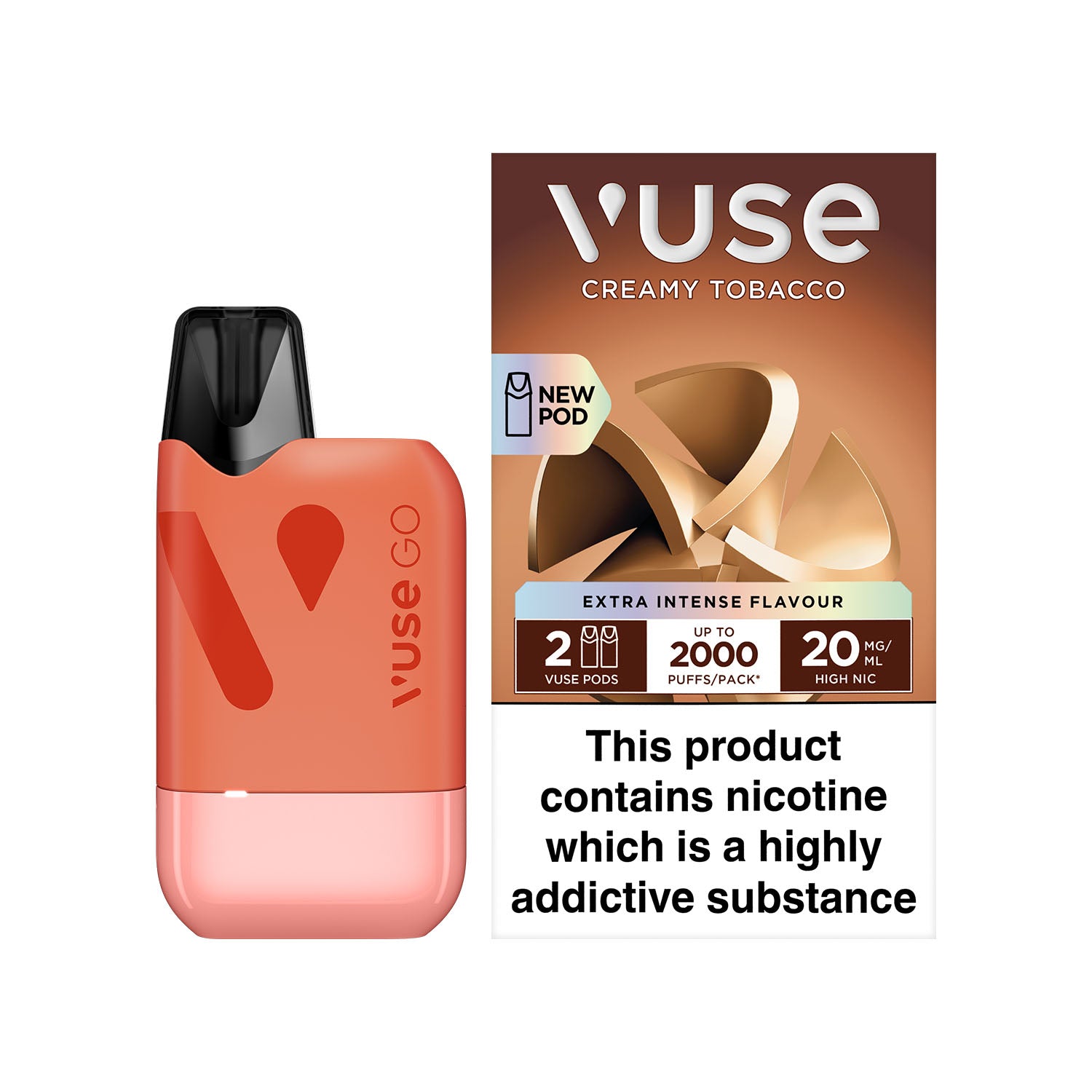 Two rectangular vape refill packs labeled "Watermelon" and "Creamy Tobacco 20mg" are displayed upright against a subdued beige background.