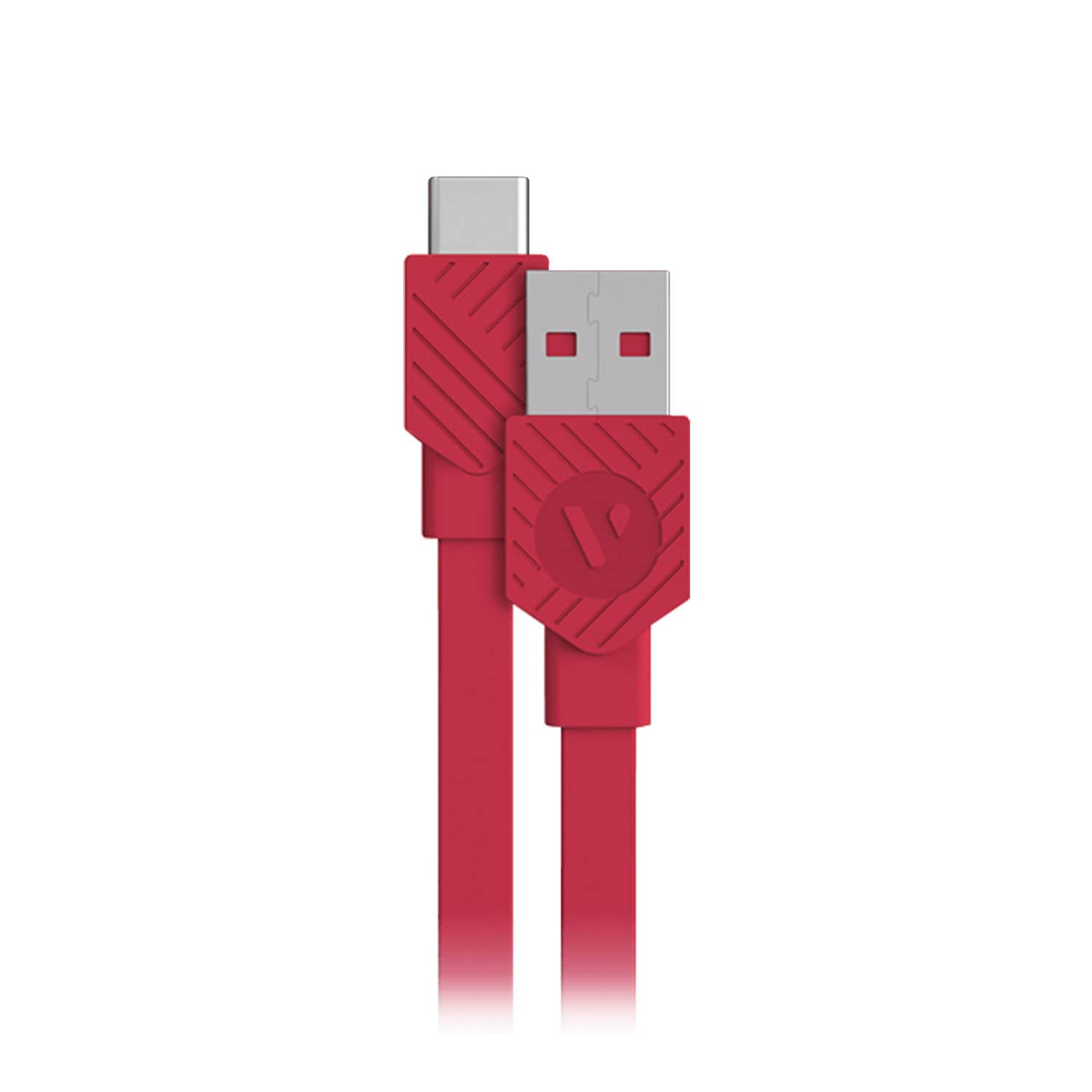 A red USB Type-C to USB-A cable, with textured connectors, hangs vertically against a white background.