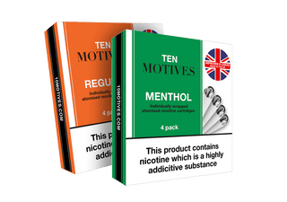 Two packs of 'TEN MOTIVES' nicotine products, one orange and one green, on a transparent background.