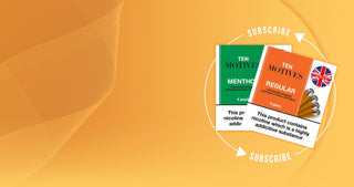 Promotional graphic for 'Ten Motives'  with 2 nicotine refills packs with subscription callouts on an orange background.